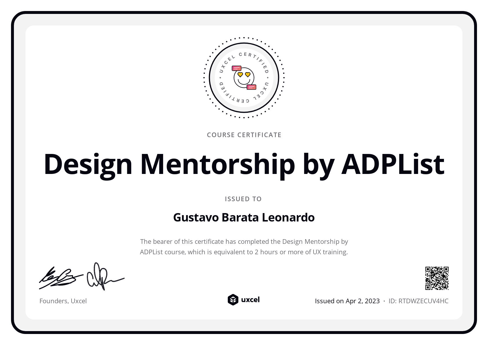 Gustavo Barata Leonardo's certificate